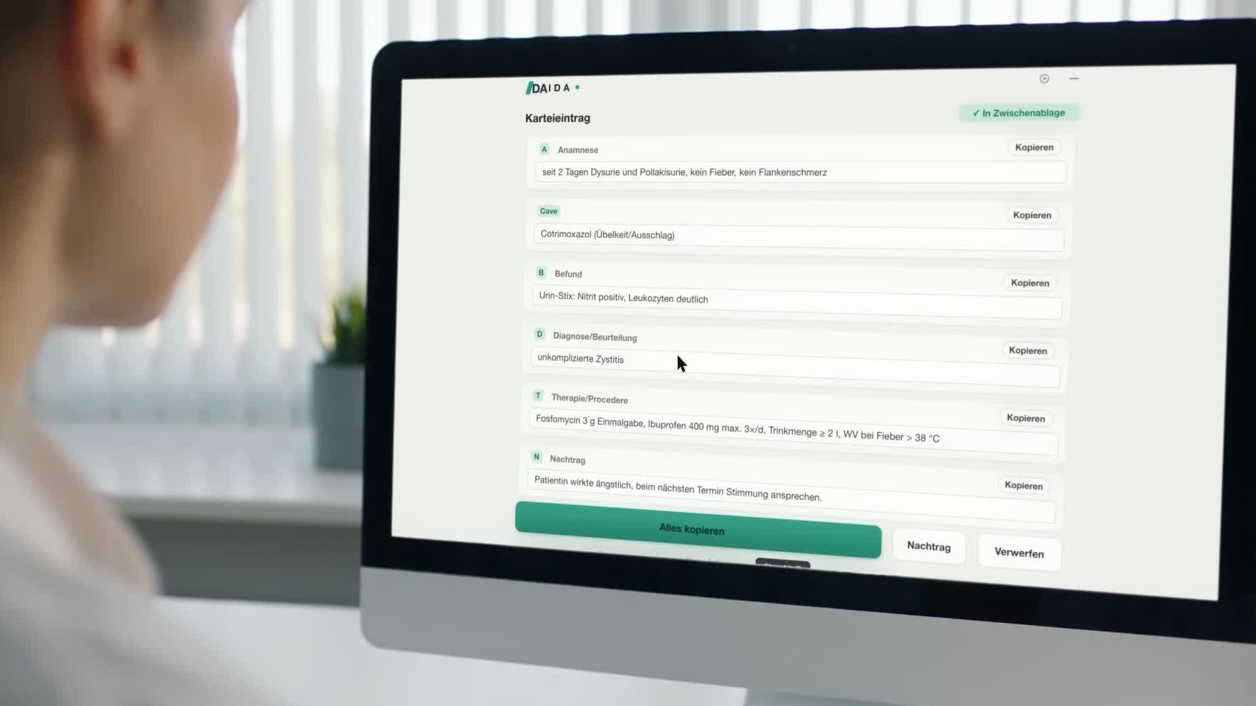Der fertige Karteieintrag in IDA: Abschnitts-Karten für Anamnese, Cave, Befund, Diagnose und Therapie.